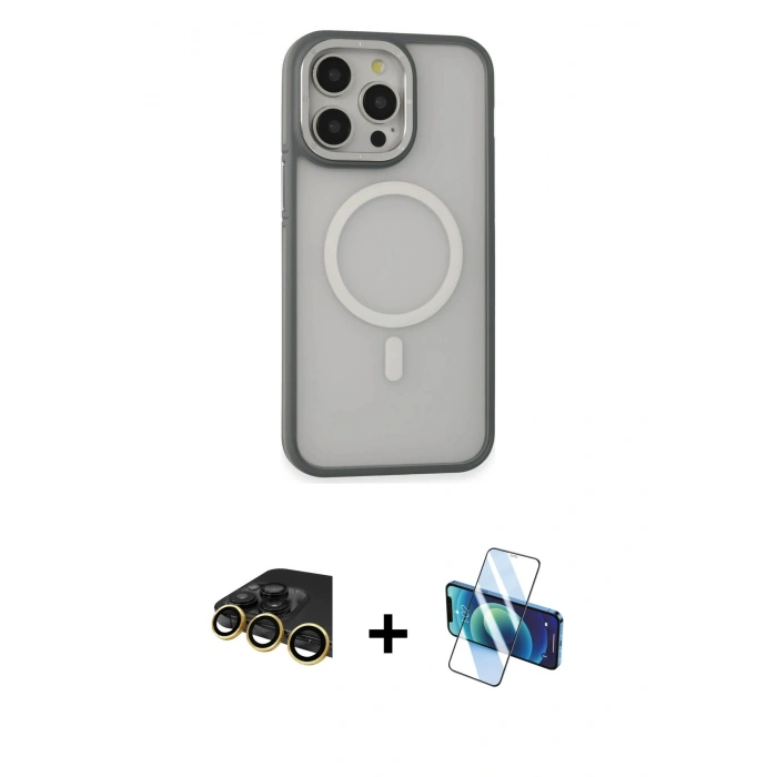 MARSİLYAN™- iPhone 14 Pro Max Kılıf Ahenk Form Serisi - Siyah 3D Antistatik Cam Ekran Koruyucu + Gold Raze Metal Kamera Lens