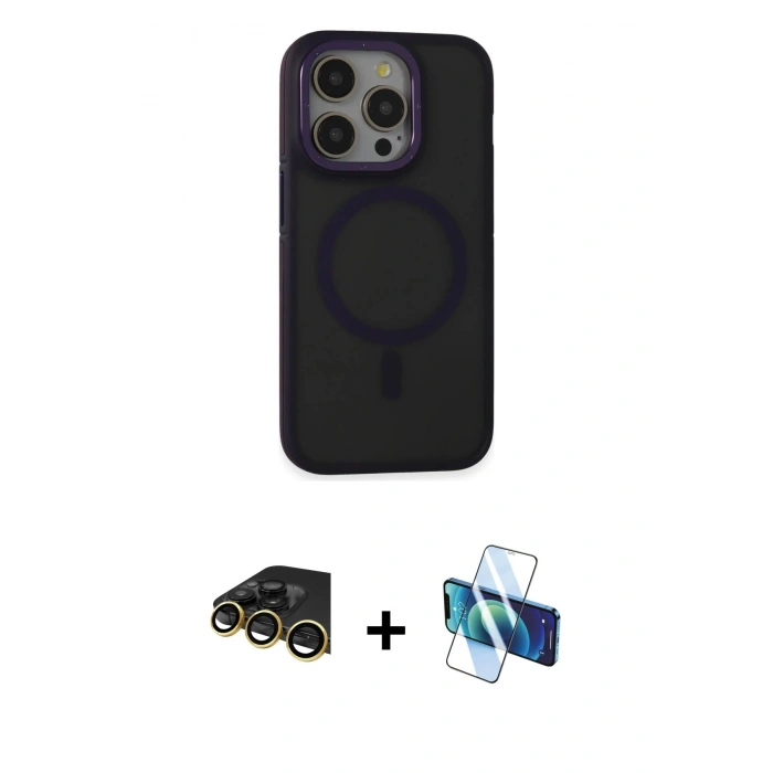 MARSİLYAN™- iPhone 14 Pro Max Kılıf Ahenk Form Serisi - Siyah 3D Antistatik Cam Ekran Koruyucu + Gold Raze Metal Kamera Lens