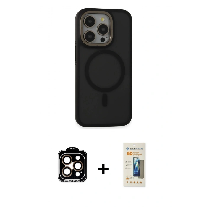 MARSİLYAN™- iPhone 14 Pro Max Kılıf Ahenk Form Serisi - Siyah 6D Mat Seramik Hayalet Nano Ekran Koruyucu + PVD Metal Kamera Lens - TU