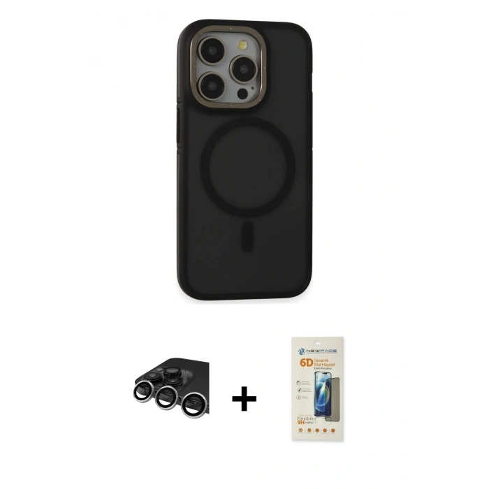 MARSİLYAN™- iPhone 14 Pro Max Kılıf Ahenk Form Serisi - Siyah 6D Mat Seramik Hayalet Nano Ekran Koruyucu + Raze Metal Kamera Lens - GS