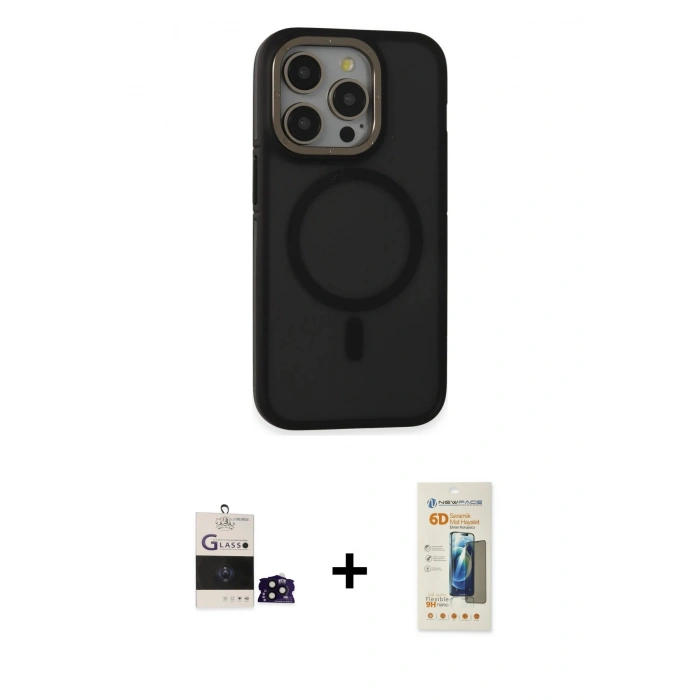 MARSİLYAN™- iPhone 14 Pro Max Kılıf Ahenk Form Serisi - Siyah 6D Mat Seramik Hayalet Nano Ekran Koruyucu + Bilvis Titan Kamera Lens - SH