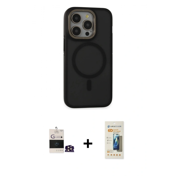 MARSİLYAN™- iPhone 14 Pro Max Kılıf Ahenk Form Serisi - Siyah 6D Mat Seramik Hayalet Nano Ekran Koruyucu + Gold Bilvis Titan Kamera Lens
