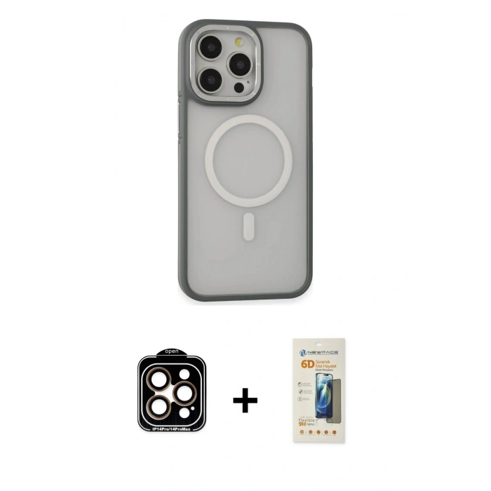 MARSİLYAN™- iPhone 14 Pro Max Kılıf Ahenk Form Serisi - Siyah 6D Mat Seramik Hayalet Nano Ekran Koruyucu + PVD Metal Kamera Lens - TU