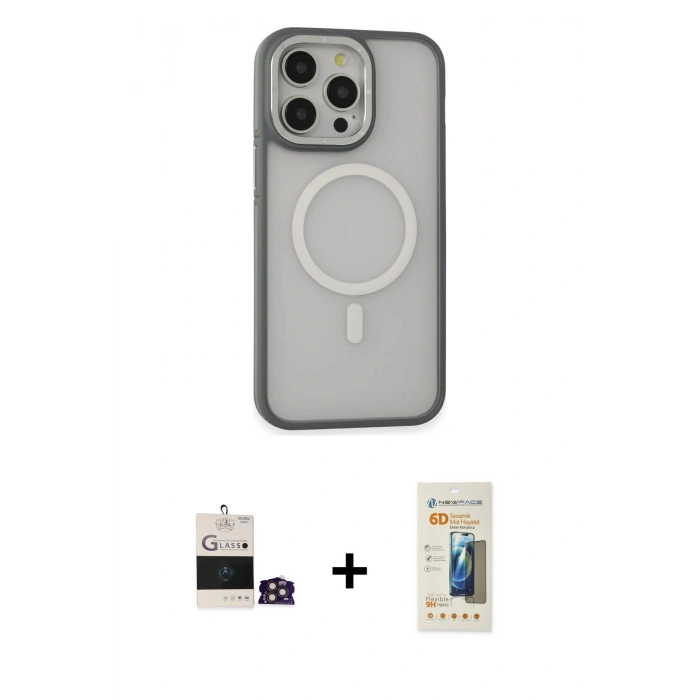 MARSİLYAN™- iPhone 14 Pro Max Kılıf Ahenk Form Serisi - Siyah 6D Mat Seramik Hayalet Nano Ekran Koruyucu + Gold Bilvis Titan Kamera Lens