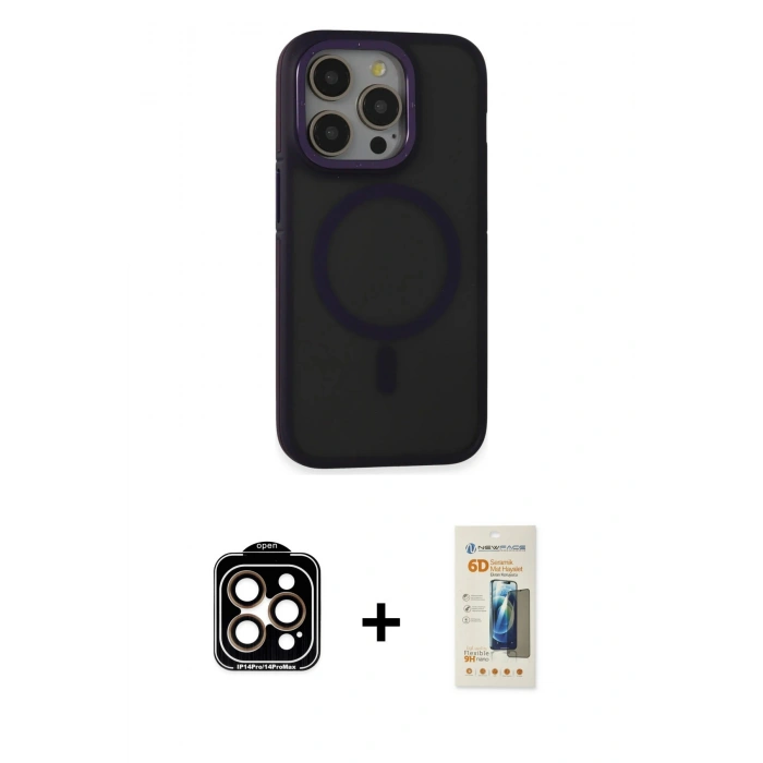 MARSİLYAN™- iPhone 14 Pro Max Kılıf Ahenk Form Serisi - Siyah 6D Mat Seramik Hayalet Nano Ekran Koruyucu + PVD Metal Kamera Lens - TU
