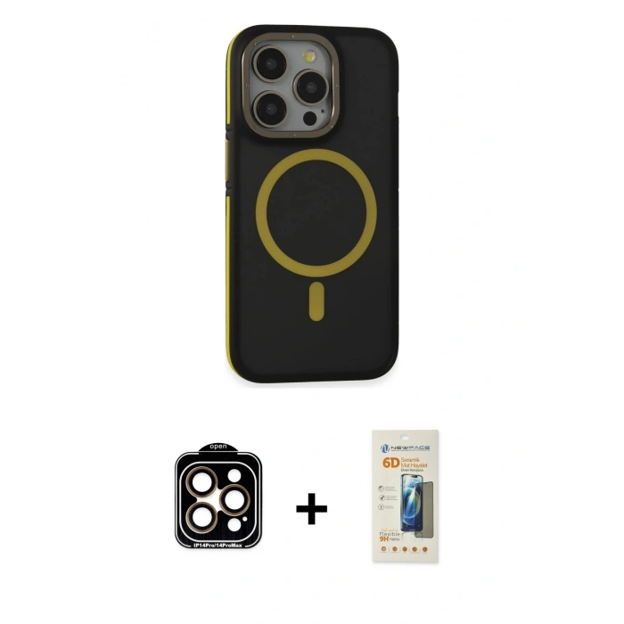 MARSİLYAN™- iPhone 14 Pro Max Kılıf Ahenk Form Serisi - Siyah 6D Mat Seramik Hayalet Nano Ekran Koruyucu + PVD Metal Kamera Lens - TU