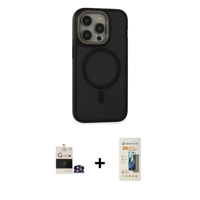 MARSİLYAN™- iPhone 14 Pro Max Kılıf Ahenk Form Serisi - Siyah 6D Mat Seramik Hayalet Nano Ekran Koruyucu + Bilvis Titan Kamera Lens - GS