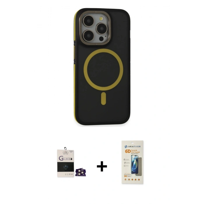 MARSİLYAN™- iPhone 14 Pro Max Kılıf Ahenk Form Serisi - Siyah 6D Mat Seramik Hayalet Nano Ekran Koruyucu + Gold Bilvis Titan Kamera Lens
