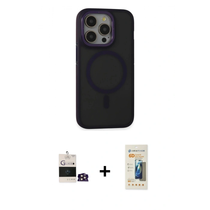 MARSİLYAN™- iPhone 14 Pro Max Kılıf Ahenk Form Serisi - Siyah 6D Mat Seramik Hayalet Nano Ekran Koruyucu + Gold Bilvis Titan Kamera Lens