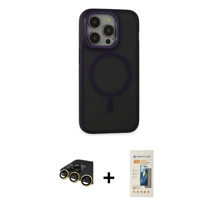 MARSİLYAN™- iPhone 14 Pro Max Kılıf Ahenk Form Serisi - Siyah 6D Mat Seramik Hayalet Nano Ekran Koruyucu + Raze Metal Kamera Lens - GD