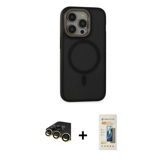 MARSİLYAN™- iPhone 14 Pro Max Kılıf Ahenk Form Serisi - Siyah 6D Mat Seramik Hayalet Nano Ekran Koruyucu + Raze Metal Kamera Lens - GD