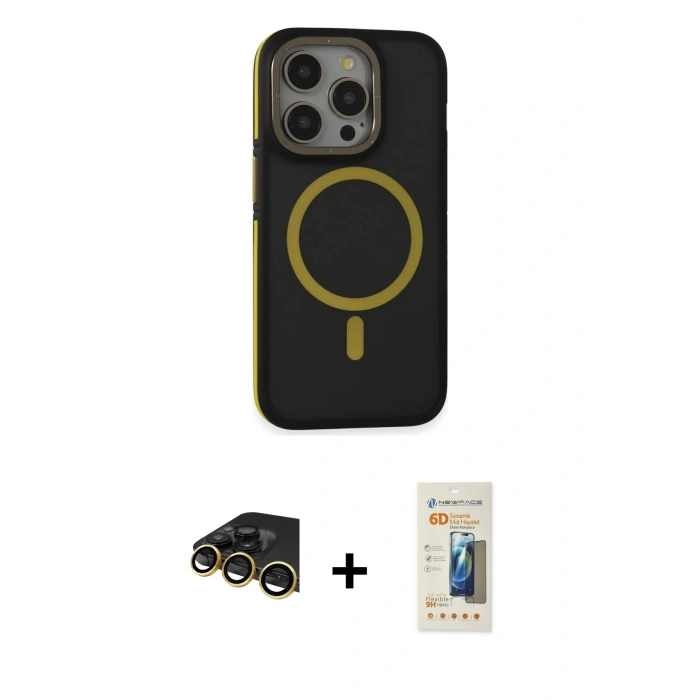 MARSİLYAN™- iPhone 14 Pro Max Kılıf Ahenk Form Serisi - Siyah 6D Mat Seramik Hayalet Nano Ekran Koruyucu + Raze Metal Kamera Lens - GD