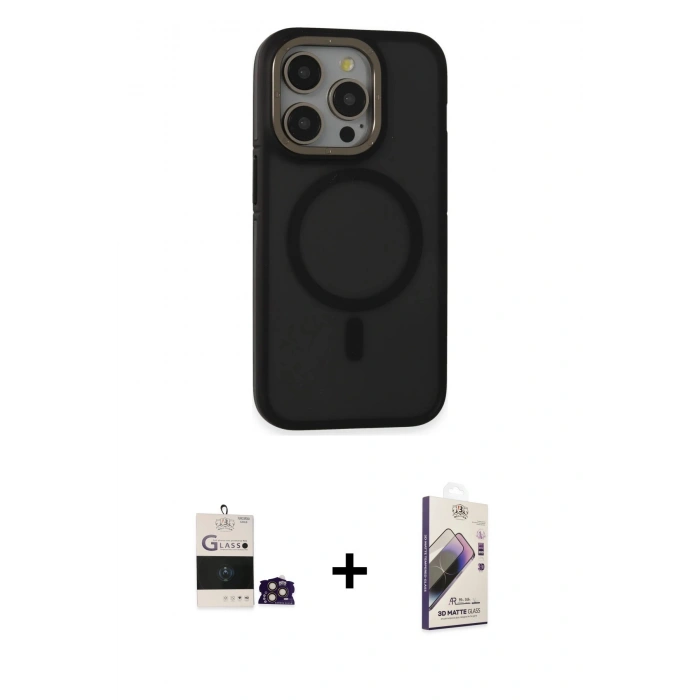 MARSİLYAN™- iPhone 14 Pro Max Kılıf Ahenk Form Serisi - Siyah Bilvis 3D Mat Cam Ekran Koruyucu + Bilvis Titan Kamera Lens - GD