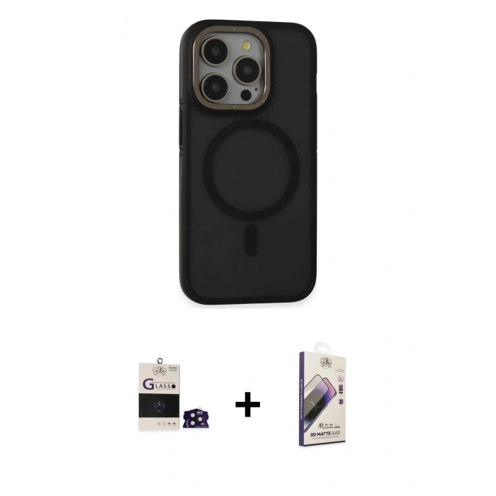 MARSİLYAN™- iPhone 14 Pro Max Kılıf Ahenk Form Serisi - Siyah Bilvis 3D Mat Cam Ekran Koruyucu + Bilvis Titan Kamera Lens - DNMR