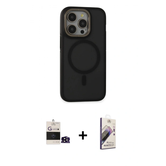 MARSİLYAN™- iPhone 14 Pro Max Kılıf Ahenk Form Serisi - Siyah Bilvis 3D Mat Cam Ekran Koruyucu + Bilvis Titan Kamera Lens - SH