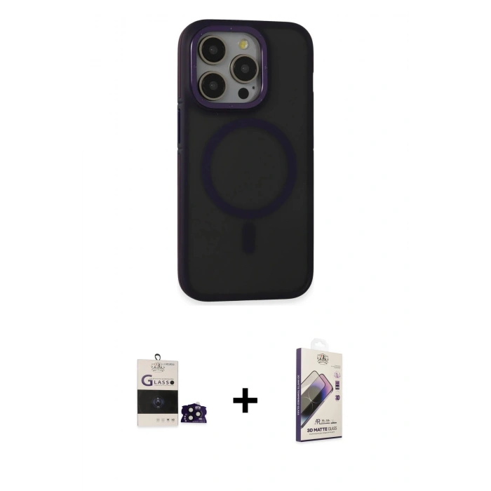 MARSİLYAN™- iPhone 14 Pro Max Kılıf Ahenk Form Serisi - Siyah Bilvis 3D Mat Cam Ekran Koruyucu + Bilvis Titan Kamera Lens - SH
