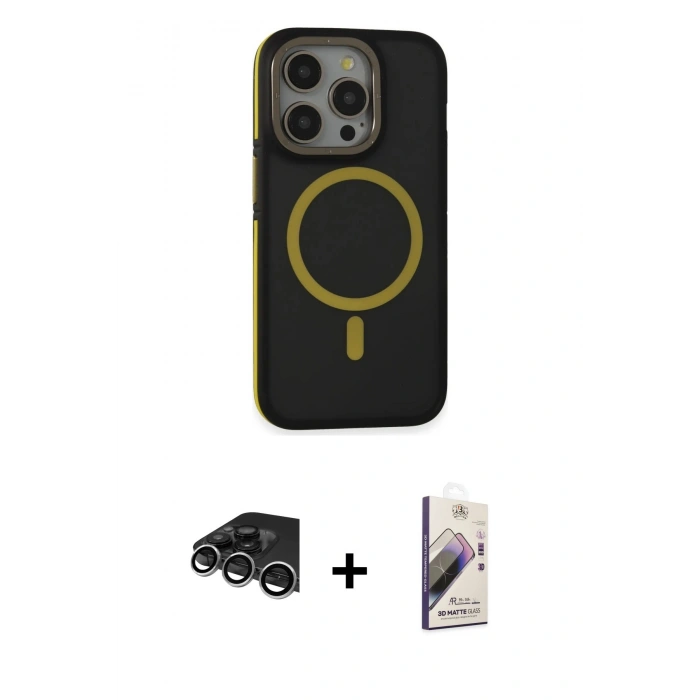 MARSİLYAN™- iPhone 14 Pro Max Kılıf Ahenk Form Serisi - Siyah Bilvis 3D Mat Cam Ekran Koruyucu + Gümüş Raze Metal Kamera Lens