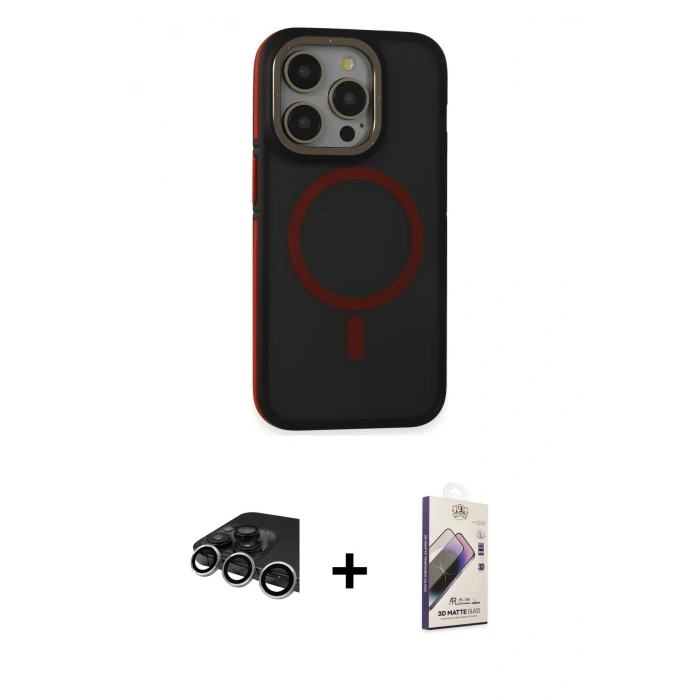 MARSİLYAN™- iPhone 14 Pro Max Kılıf Ahenk Form Serisi - Siyah Bilvis 3D Mat Cam Ekran Koruyucu + Gümüş Raze Metal Kamera Lens