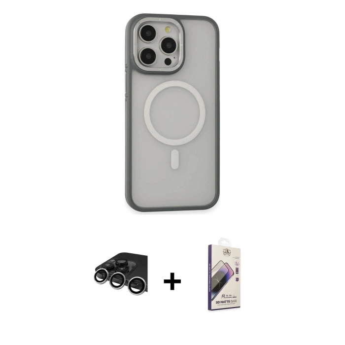 MARSİLYAN™- iPhone 14 Pro Max Kılıf Ahenk Form Serisi - Siyah Bilvis 3D Mat Cam Ekran Koruyucu + Gümüş Raze Metal Kamera Lens