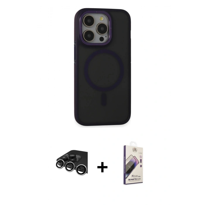 MARSİLYAN™- iPhone 14 Pro Max Kılıf Ahenk Form Serisi - Siyah Bilvis 3D Mat Cam Ekran Koruyucu + Gümüş Raze Metal Kamera Lens