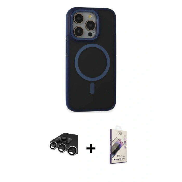 MARSİLYAN™- iPhone 14 Pro Max Kılıf Ahenk Form Serisi - Siyah Bilvis 3D Mat Cam Ekran Koruyucu + Gümüş Raze Metal Kamera Lens