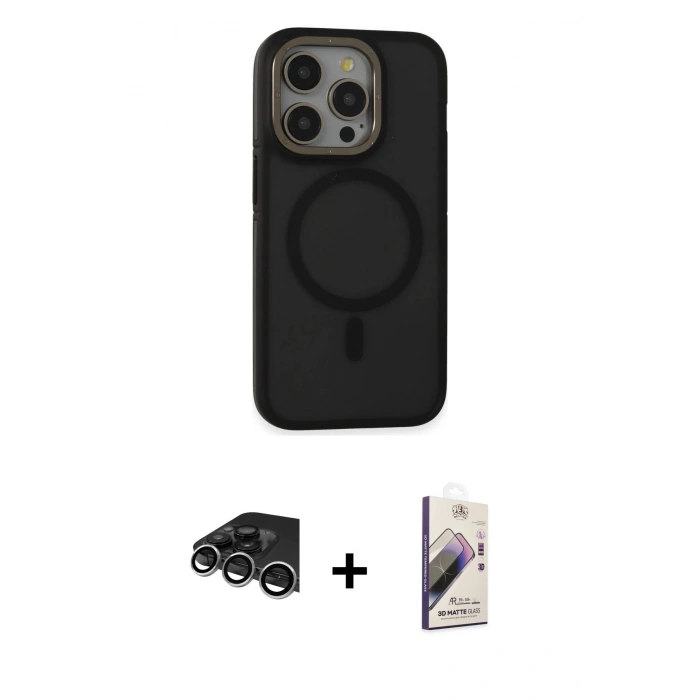 MARSİLYAN™- iPhone 14 Pro Max Kılıf Ahenk Form Serisi - Siyah Bilvis 3D Mat Cam Ekran Koruyucu + Gümüş Raze Metal Kamera Lens