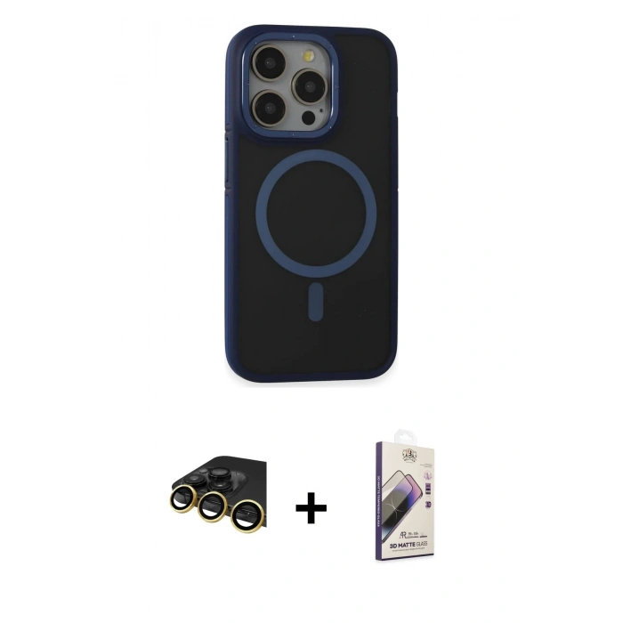 MARSİLYAN™- iPhone 14 Pro Max Kılıf Ahenk Form Serisi - Siyah Bilvis 3D Mat Cam Ekran Koruyucu + Raze Metal Kamera Lens - GD