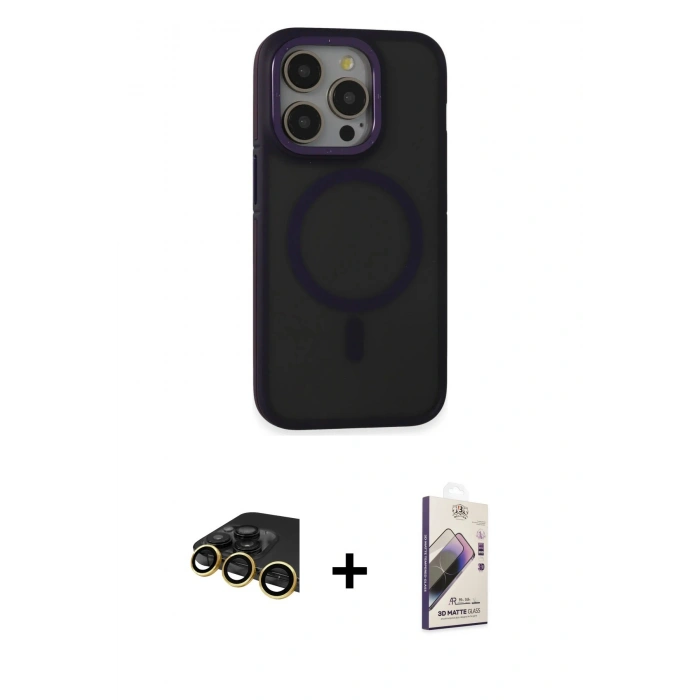 MARSİLYAN™- iPhone 14 Pro Max Kılıf Ahenk Form Serisi - Siyah Bilvis 3D Mat Cam Ekran Koruyucu + Raze Metal Kamera Lens - GD