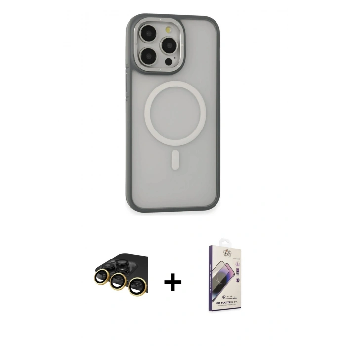 MARSİLYAN™- iPhone 14 Pro Max Kılıf Ahenk Form Serisi - Siyah Bilvis 3D Mat Cam Ekran Koruyucu + Raze Metal Kamera Lens - GD