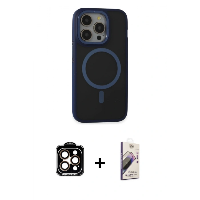 MARSİLYAN™- iPhone 14 Pro Max Kılıf Ahenk Form Serisi - Siyah Bilvis 3D Mat Cam Ekran Koruyucu + Turuncu PVD Metal Kamera Lens