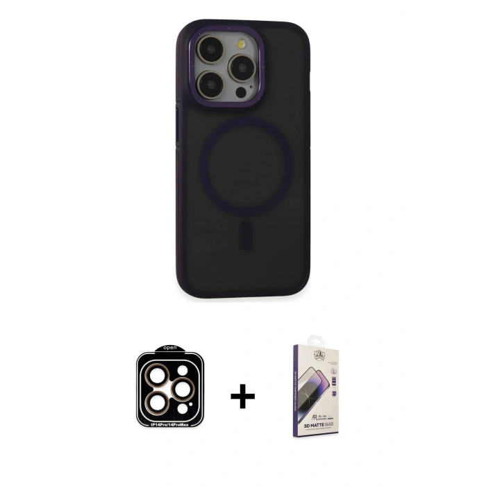MARSİLYAN™- iPhone 14 Pro Max Kılıf Ahenk Form Serisi - Siyah Bilvis 3D Mat Cam Ekran Koruyucu + Turuncu PVD Metal Kamera Lens