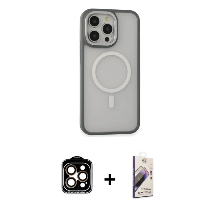 MARSİLYAN™- iPhone 14 Pro Max Kılıf Ahenk Form Serisi - Siyah Bilvis 3D Mat Cam Ekran Koruyucu + Turuncu PVD Metal Kamera Lens