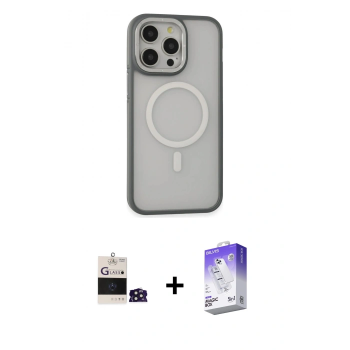 MARSİLYAN™- iPhone 14 Pro Max Kılıf Ahenk Form Serisi - Siyah Bilvis 5in1 3D Magic Cam Ekran Koruyucu + Derin Mor Bilvis Titan Kamera Lens