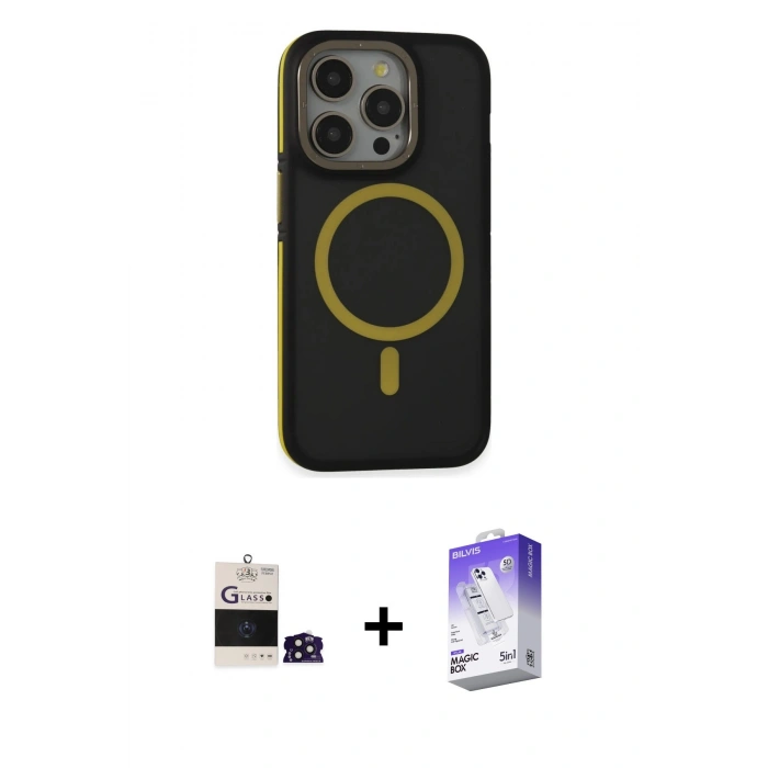 MARSİLYAN™- iPhone 14 Pro Max Kılıf Ahenk Form Serisi - Siyah Bilvis 5in1 3D Magic Cam Ekran Koruyucu + Derin Mor Bilvis Titan Kamera Lens
