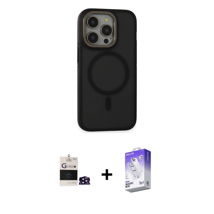 MARSİLYAN™- iPhone 14 Pro Max Kılıf Ahenk Form Serisi - Siyah Bilvis 5in1 3D Magic Cam Ekran Koruyucu + Derin Mor Bilvis Titan Kamera Lens