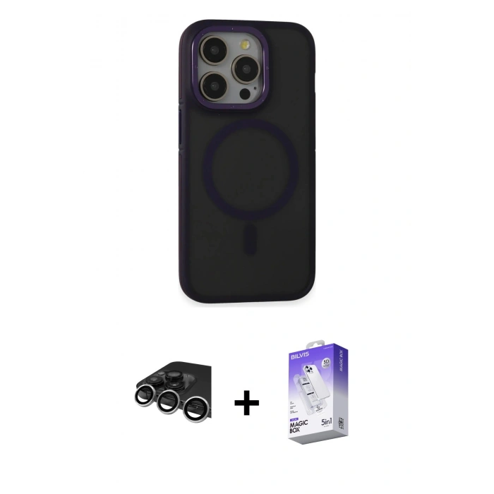 MARSİLYAN™- iPhone 14 Pro Max Kılıf Ahenk Form Serisi - Siyah Bilvis 5in1 3D Magic Cam Ekran Koruyucu + Raze Metal Kamera Lens - GS