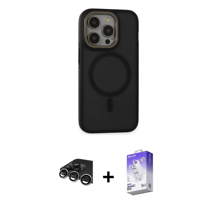 MARSİLYAN™- iPhone 14 Pro Max Kılıf Ahenk Form Serisi - Siyah Bilvis 5in1 3D Magic Cam Ekran Koruyucu + Raze Metal Kamera Lens - GS