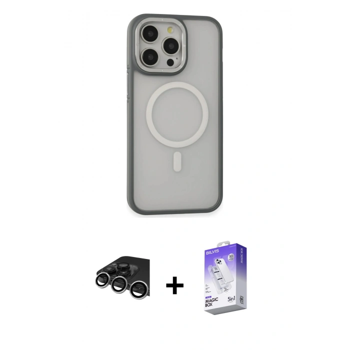 MARSİLYAN™- iPhone 14 Pro Max Kılıf Ahenk Form Serisi - Siyah Bilvis 5in1 3D Magic Cam Ekran Koruyucu + Raze Metal Kamera Lens - GS