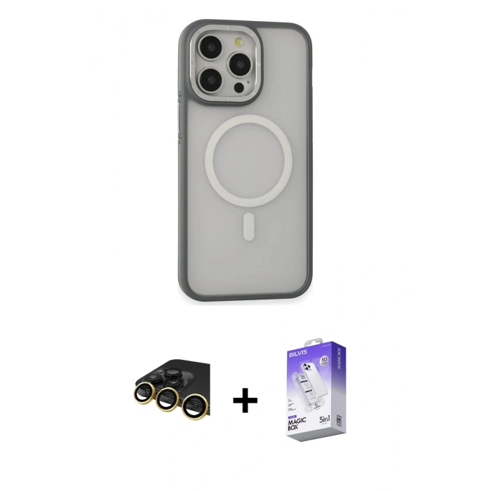 MARSİLYAN™- iPhone 14 Pro Max Kılıf Ahenk Form Serisi - Siyah Bilvis 5in1 3D Magic Cam Ekran Koruyucu + Raze Metal Kamera Lens - GD