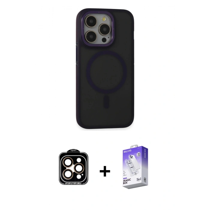 MARSİLYAN™- iPhone 14 Pro Max Kılıf Ahenk Form Serisi - Siyah Bilvis 5in1 3D Magic Cam Ekran Koruyucu + PVD Metal Kamera Lens - TU