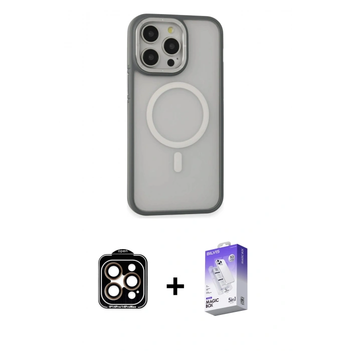 MARSİLYAN™- iPhone 14 Pro Max Kılıf Ahenk Form Serisi - Siyah Bilvis 5in1 3D Magic Cam Ekran Koruyucu + PVD Metal Kamera Lens - TU