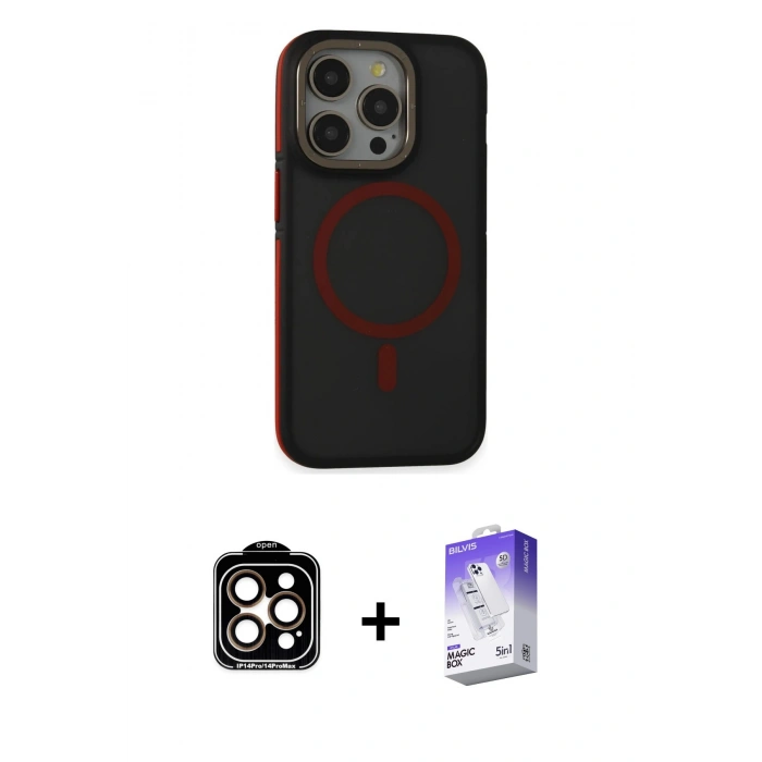 MARSİLYAN™- iPhone 14 Pro Max Kılıf Ahenk Form Serisi - Siyah Bilvis 5in1 3D Magic Cam Ekran Koruyucu + PVD Metal Kamera Lens - TU
