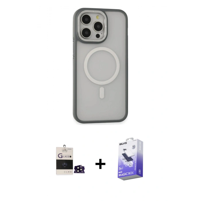 MARSİLYAN™- iPhone 14 Pro Max Kılıf Ahenk Form Serisi - Siyah Bilvis 5in1 5D Magic Hayalet Cam Ekran Koruyucu + Bilvis Titan Kamera Lens - SH