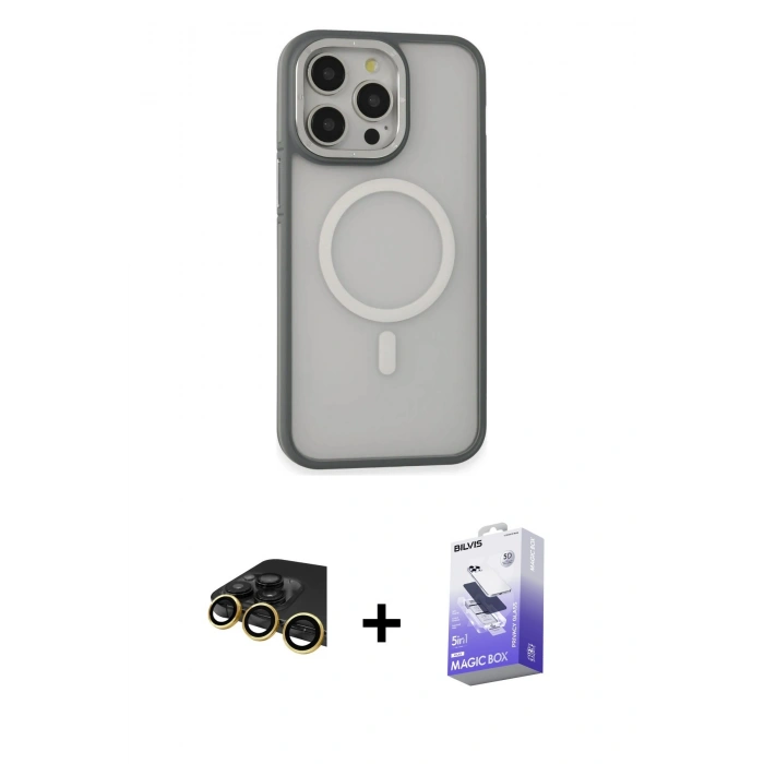 MARSİLYAN™- iPhone 14 Pro Max Kılıf Ahenk Form Serisi - Siyah Bilvis 5in1 5D Magic Hayalet Cam Ekran Koruyucu + Gold Raze Metal Kamera Lens