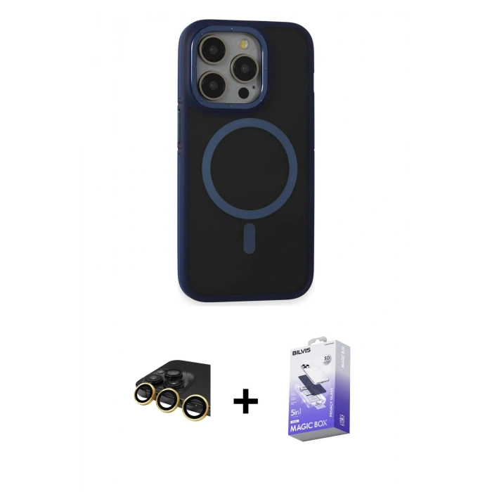 MARSİLYAN™- iPhone 14 Pro Max Kılıf Ahenk Form Serisi - Siyah Bilvis 5in1 5D Magic Hayalet Cam Ekran Koruyucu + Gold Raze Metal Kamera Lens