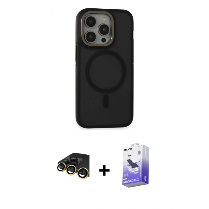 MARSİLYAN™- iPhone 14 Pro Max Kılıf Ahenk Form Serisi - Siyah Bilvis 5in1 5D Magic Hayalet Cam Ekran Koruyucu + Gold Raze Metal Kamera Lens