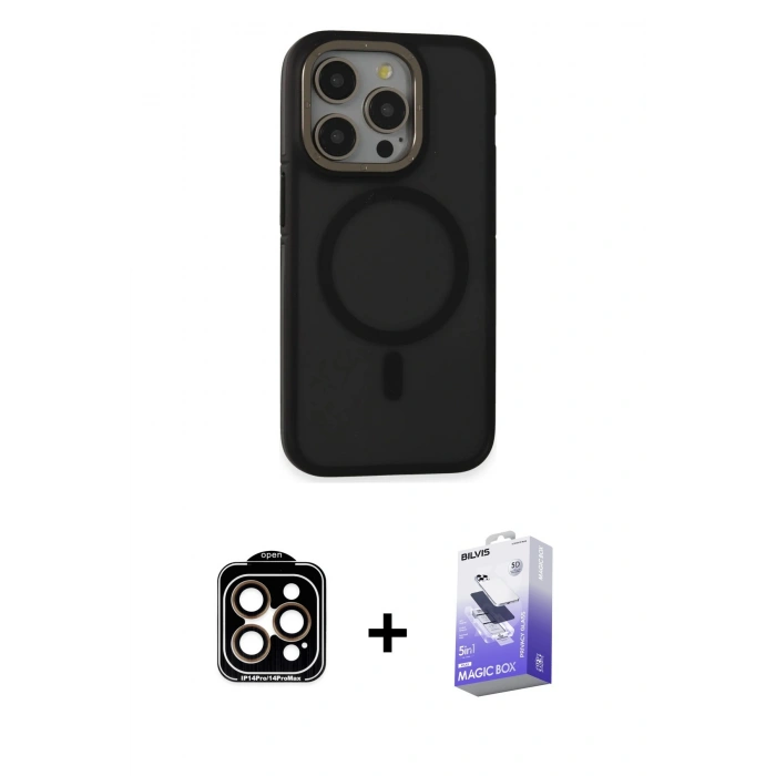 MARSİLYAN™- iPhone 14 Pro Max Kılıf Ahenk Form Serisi - Siyah Bilvis 5in1 5D Magic Hayalet Cam Ekran Koruyucu + PVD Metal Kamera Lens - TU