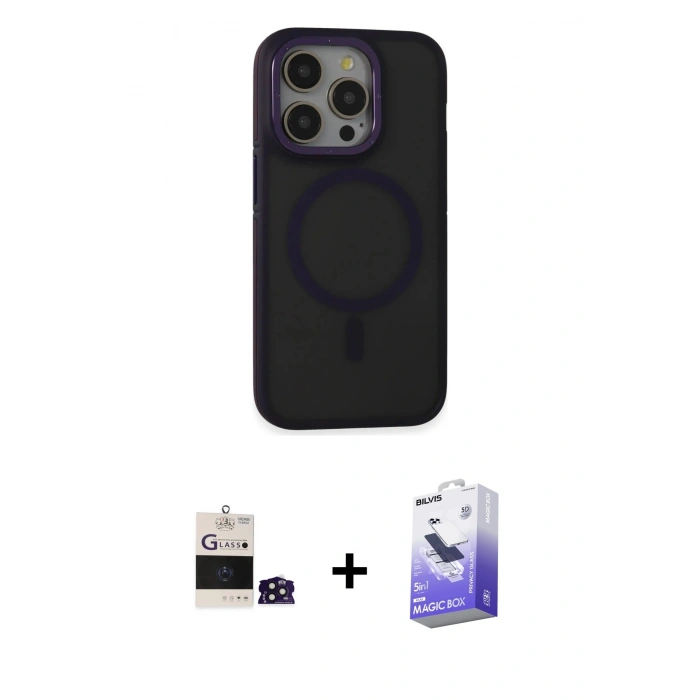 MARSİLYAN™- iPhone 14 Pro Max Kılıf Ahenk Form Serisi - Siyah Bilvis 5in1 5D Magic Hayalet Cam Ekran Koruyucu + Bilvis Titan Kamera Lens - DNMR