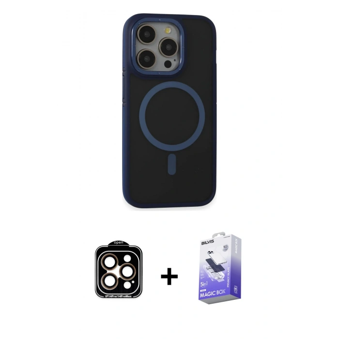 MARSİLYAN™- iPhone 14 Pro Max Kılıf Ahenk Form Serisi - Siyah Bilvis 5in1 5D Magic Hayalet Cam Ekran Koruyucu + PVD Metal Kamera Lens - TU