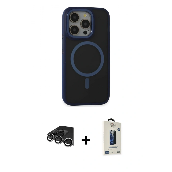 MARSİLYAN™- iPhone 14 Pro Max Kılıf Ahenk Form Serisi - Siyah Bilvis Hayalet Cam Ekran Koruyucu + Gümüş Raze Metal Kamera Lens